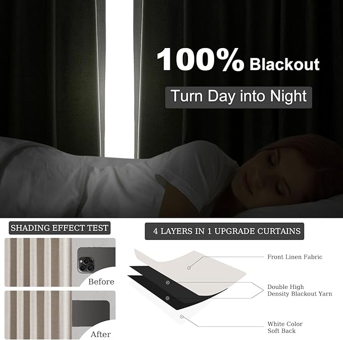 Topfinel 100 Inch Long Black Out Burlap Custom Curtains, Natural Linen Tweed Pleated Window Coverings, Nursery Winter Boho Farmhouse Heat Sound Block Back Tab Curtains for Sliding Door Bay Window