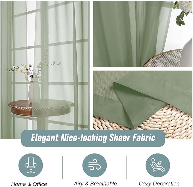 Extra Wide Sage Green Sheer Curtains for Window 96 Inches Long 2 Panels, Elegant Light Filtering Voile Sheer Curtains for Sliding Glass Door, Dual Rod Pocket Window Drapes, 2x59Wx96L Inches