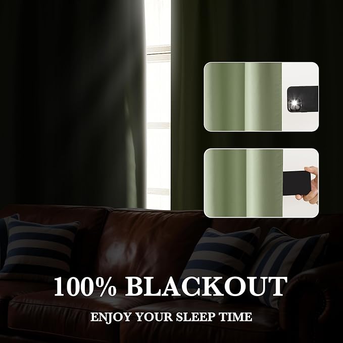 RYB HOME 100% Blackout Bathroom Curtains Over Sink 24 inches Long, Heat & UV Blocking Total Room Darkening Noise Reducing Curtains for Basement RV Campers, Sage Green, 2 Panels Set