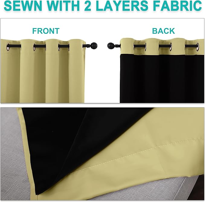 NICETOWN 100% Blackout Blinds, Set of 2, 46 inches x 96 inches, Laundry Room Decor Window Treatment Curtains for Large Patio Sliding Door, Thermal Insulated Paler Yellow Curtains for Bedroom