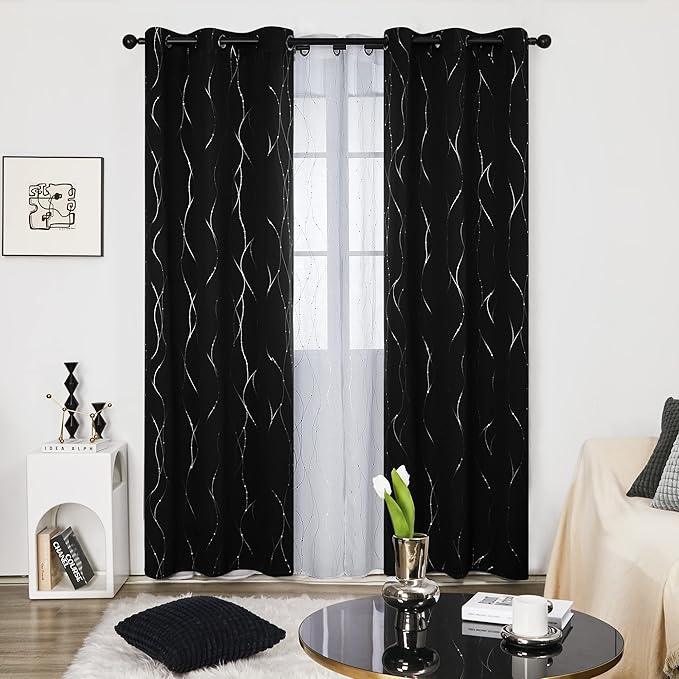 Deconovo Black Out Curtains for Living Room, 42 x 95 Inch Length 2 Panels Set, Thermal Insulated Soundproof Window Drapes with Silver Print, Grommet Machine Washable Panels for Bedroom Sliding Door