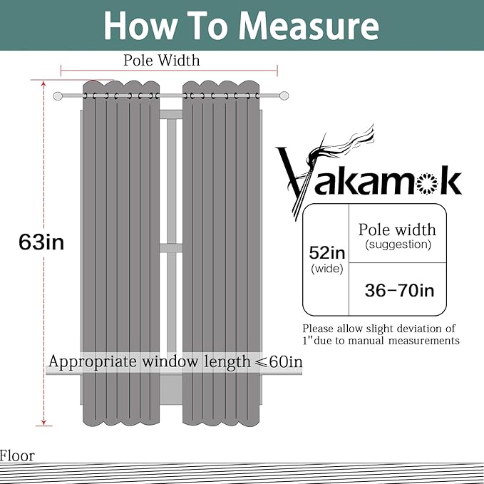 Yakamok Blackout Curtains 63 inch Length for Living Room, Light Blocking Grey Thermal Insulated Drapes with Grommets Top Window Treament Curtain for Bedroom(Gray, 52W x 63L, One Pair)