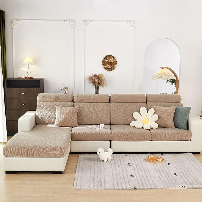 Sofa Covers Couch Covers for Sofa Pet Friendly Couch Cushion Covers Universal Sofa Covers Washable Stretch Slipcovers for Sectional Sofa (Texture Light Coffee,Chaise Cover)