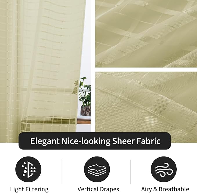 SpaceDresser Check Sheer Curtains 96 Inches 2 Panels Set, Rod Pocket Plaid Window Curtain for Living Room, Sage Green Semi Sheer Drapes for Kitchen Bedroom Children Room Yard（Sage Green, 52W x 96L）