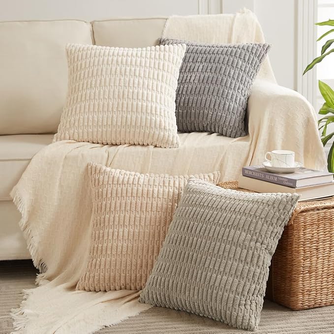 Fancy Homi 4 Packs Tan Decorative Throw Pillow Covers 26x26 Inch for Living Room Couch Bed Sofa, Beige Rustic Farmhouse Boho Home Decor, Soft Plush Striped Corduroy Square Cushion Case 66x66 cm