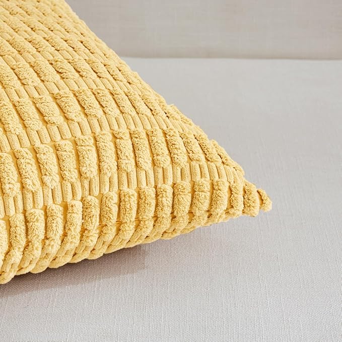 Fancy Homi 4 Packs Yellow Euro Decorative Throw Pillow Covers 26x26 Inch for Living Room Couch Bed Sofa, Rustic Farmhouse Boho Home Decor, Soft Striped Corduroy Square Cushion Case 66x66 cm