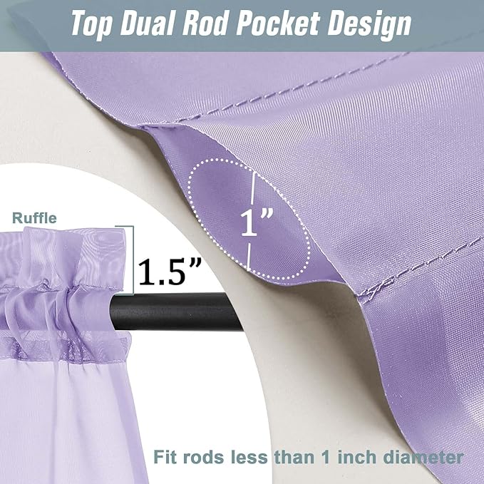 Small Sheer Curtains Tier 24 Inches Length 2 Pieces, Light Filtering Cafe Curtains for Living Room Bathroom, Modern Window Treatments Dual Rod Pocket Panels, Lavender, 2X42Wx24L Inches