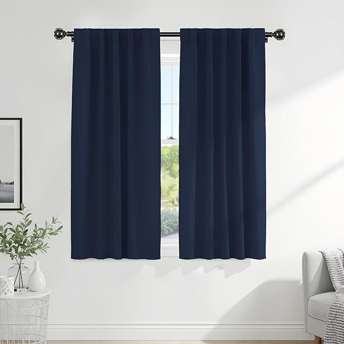 Pony Dance Blackout Curtains Thermal Insulated Window Treatment Panels Room Darkening Shade Drapes for Living Room Back Tab/Rod Pocket Bedroom Draperies, 34 x 63 Inch, Navy Blue, 2 Panels