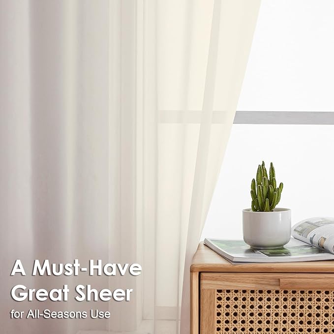 OVZME Cream Sheer Curtains 96 Inches Long 2 Panels - Soft Light Filtering Window Sheer Panels for Living Room/Bedroom, Top Dual Rod Pocket, 1 Pair, Each 42Wx96L Inches.