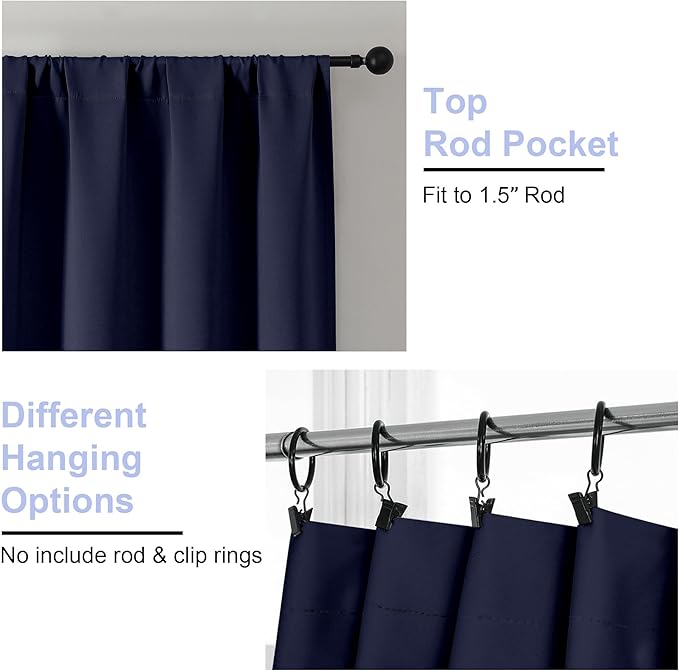 Simplebrand Ava Navy Blue Blackout Curtains for Bedroom 90 Inches Long 2 Panels Set, Solid Privacy Energy Saving Living Room Window Treatment Curtains Blackout Drapes, W40 x L90 Inch, Navy Blue