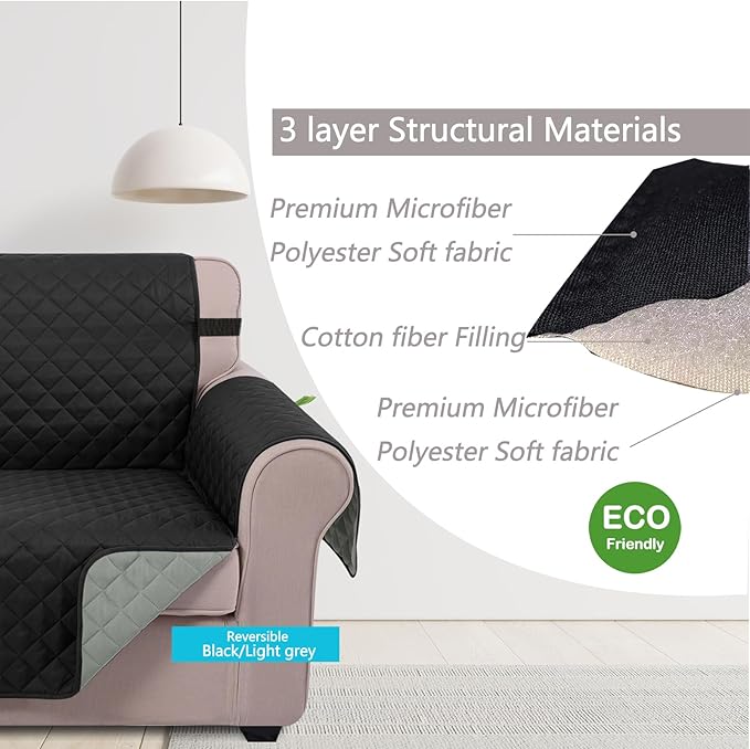 U-NICE HOME Loveseat Sofa Cover Reversible Couch Covers for 2 Cushion Couch for Dogs Furniture Protector Cover with Elastic Straps Water Resistant(Loveseat Small, Black/Grey)
