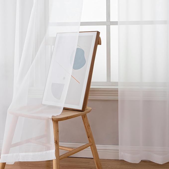 Simplebrand White Sheer Curtains 84 Inches Long, Light Filtering Rod Pocket Solid Color Window Sheer Curtain Panels, Elegant Curtains & Drapes for Living Room, Bedroom 2 Panels (White, 59" W x 84" L)
