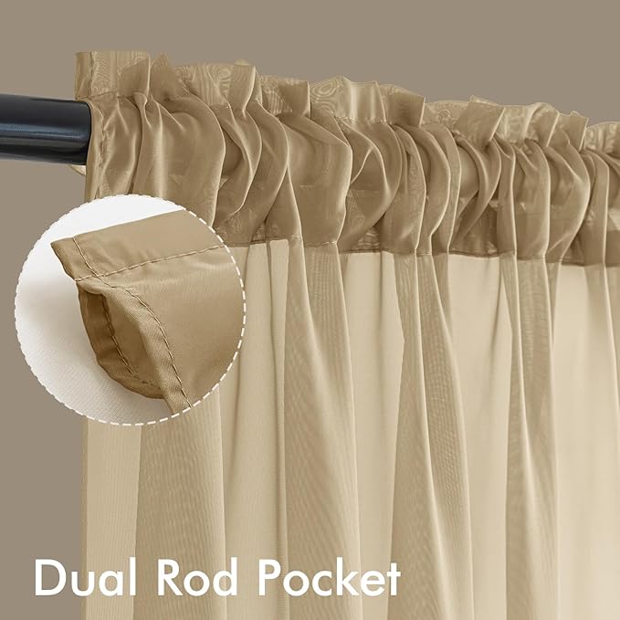 MIULEE Beige Sheer Curtains 90 Inches Long, 4 Panels Set, Rod Pocket Voile Drapes Light Filtering and Semi Transparent, Elegant Window Treatments for Bedroom Living Room,42 x 90 Inches