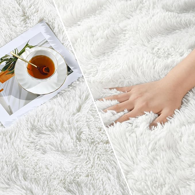 Deerhoo Large Shag Area Rugs 6 x 9, Plush Fuzzy Rugs for Living Room, Ultra Soft Fluffy Furry Rug for Bedroom, Indoor Carpet Nursery Rugs for Kids Room Home Decor, White