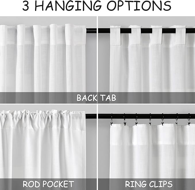 Nanspring Extra Long White Curtain 102 inches Long 2 Panels Set for Living Room Back Tab Modern Farmhouse Decor Cotton Textured Off White Sheer Linen Curtains 102 inch Length for Large Window