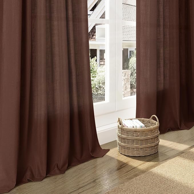 Nanspring Rustic Brown Linen Curtains 108 Inches Long for Living Room Bedroom 2 Panels Set Extra Long Back Tab Curtain Light Filtering Sheer Drapes Floor to Ceiling Curtain for Large Windows 52x108