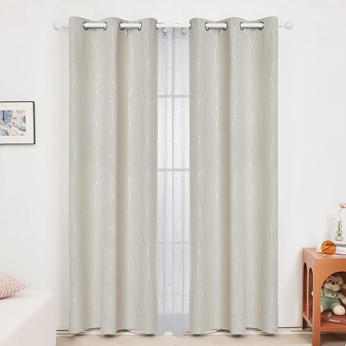 Deconovo Beige Blackout Curtains, Room Darkening Curtain, Thermal Insulated Soundproof Drapes, Silver Wave Dots Print, 38 x 90 Inch, Machine Washable Window Panels for Living Room Bedroom, Set of 2