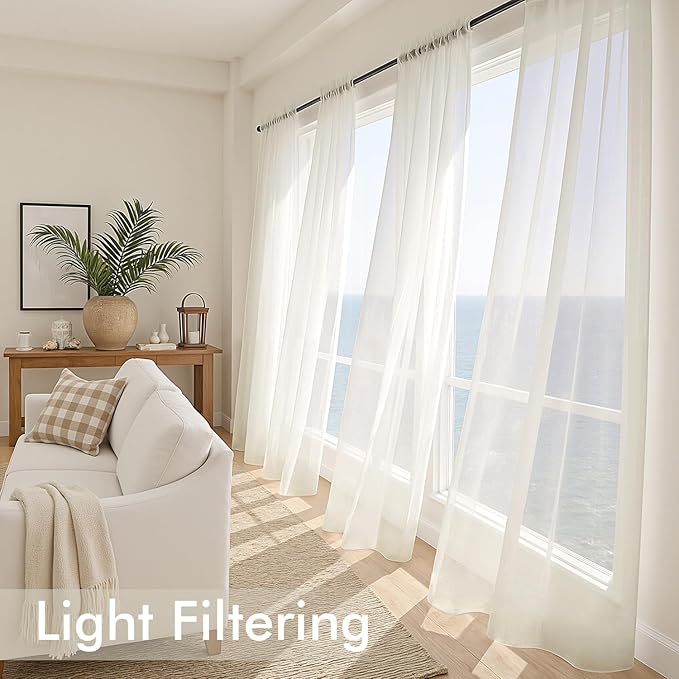 MIULEE Ivory Sheer Curtains 96 Inches Long, 4 Panels Set, Light Filtering Rod Pocket Voile Drapes for Living Room and Bedroom, Airy Soft Fabric Window Treatments, 54 x 96 Inches