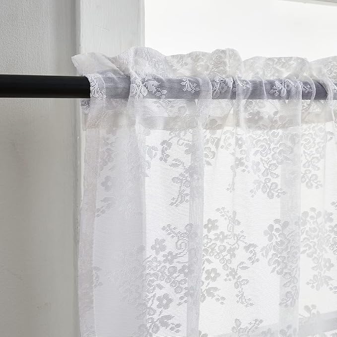 YJ YANJUN Vintage Lace Curtains 30 Inch Length Pair Short White Sheer Kitchen Cafe Curtains, Scalloped Half Window Tiers, Mini Front Door for Small Window Privacy, Desk Cabinet 26" x 30" White