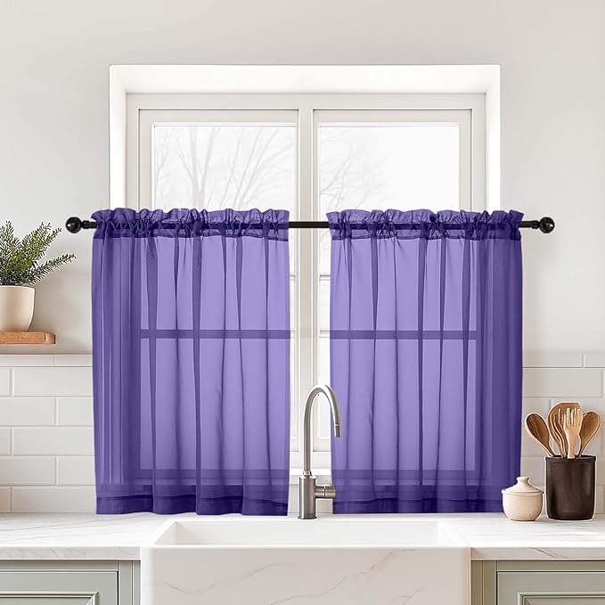 Purple Small Sheer Curtains 2 Panels Set, Kitchen Curtains 36 Inch Length, Elegant Light Filtering Short Window Drapes for Living Room Bedroom, Dual Rod Pocket Design, 2x42Wx36L Inches