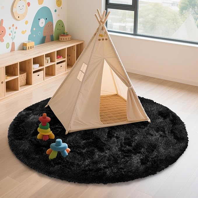 yulidayang Black Fluffy Round Area Rugs for Living Room,6'X6'Shag Circle Area Rugs for Bedroom,Non Slip Fuzzy Plush Rug for Kids Room Boys Girls Room and Dorm Home Decor Rug