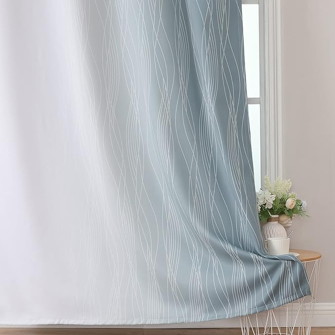 Estelar Textiler Stone Blue and Greyish White Blackout Curtains 84 Inches Long,Full Room Darkening Grommet Curtains for Bedroom,Thermal Insulated Ombre Blackout Drapes for Living Room,52Wx84L,2 Panels