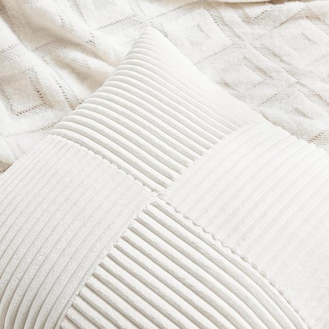 Fancy Homi 2 Packs Cream White Big Decorative Throw Pillow Covers 24x24 Inch for Living Room Couch Bed, Farmhouse Boho Home Decor, Soft Corss Corduroy Patchwork Accent Square Cushion Case 60x60 cm