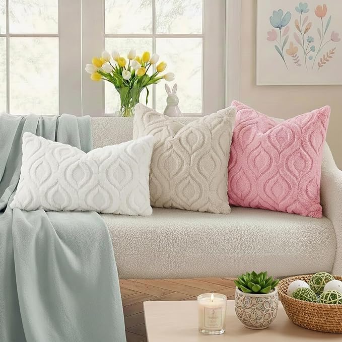 decorUhome Throw Pillow Covers 12x20 Inch Set of 2, Soft Plush Faux Wool Beige Solid Couch Pillow Covers, Accent Farmhouse Neutral Rectangle Pillow Cases for Sofa Bed Living Room