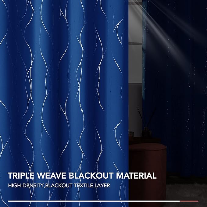 Deconovo Blackout Curtains, 38 x 84 Inch Drapes for Living Room with Wave Dots Silver Print, Soundproof Thermal Insulated Window Curtain for Bedroom Nursery, Set of 2, Machine Washable, Royal Blue