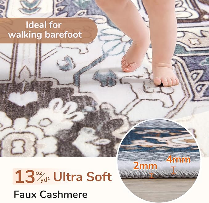 OPPODREAM Soft Entryway Rug 2x10, 2x10 Rug Runner, Washable Hallways Carpet 2 x 10 with Non Slip Backing, Low-Pile Bedside Carpet 2 x 10, Long, Faux Cashmere, Navy Blue & Gold