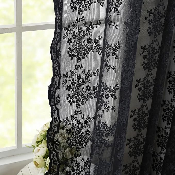 YJ YANJUN Vintage Lace Curtains 63 Inch Length-Victorian Floral Pattern Black Sheer Curtain Panels for Living Room Bedroom,Light Filtering, Gothic Witchy Halloween Drapes 2 Panels 52W x 63L