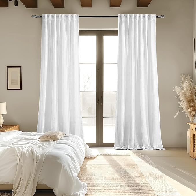MIULEE White Linen Curtains 98 Inch Long 2 Panels for Bedroom Living Room, Soft Thick Linen Textured Back Tab Window Drapes Semi Sheer Light Filtering Rod Pocket Modern Farmhouse Decor