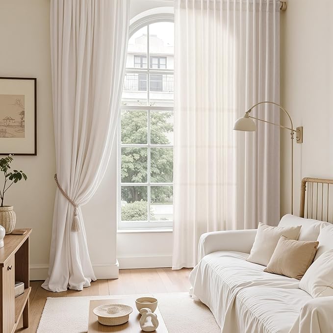 Ivory White Semi Sheer Linen Curtains 72 inch Length for Living Room Back Tab Rod Pocket Modern Farmhouse Coastal Decor Ivory White Cotton Textured Gauze Curtain 72 inches for Dining Room Office