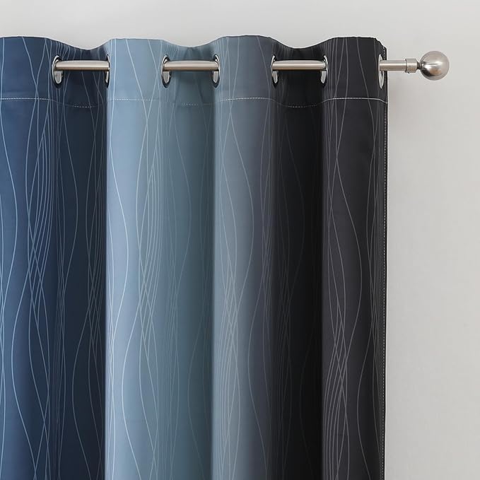 Estelar Textiler Navy Blue and Black Ombre Blackout Curtains 90 Inches Long 2 Panels for Living Room, Thermal Insulated Drapes for Bedroom,Full Room Darkening Grommet Curtains for Sliding Door,52Wx90L