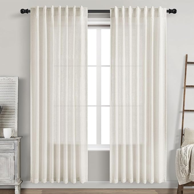 Nanspring Cream Semi Sheer Linen Curtains 79 Inch Length for Living Room Back Tab Rod Pocket Modern Farmhouse Coastal Decor Cotton Textured Gauze Curtains 73 Inches Long for Dining Room Office 52x79