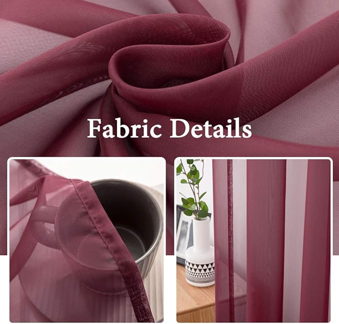 MIULEE Wine Red Christmas Window Sheer Curtains for Bedroom Living Room Solid Elegant Net Drapes 2 Panels Width 38 x Length 84 Inches