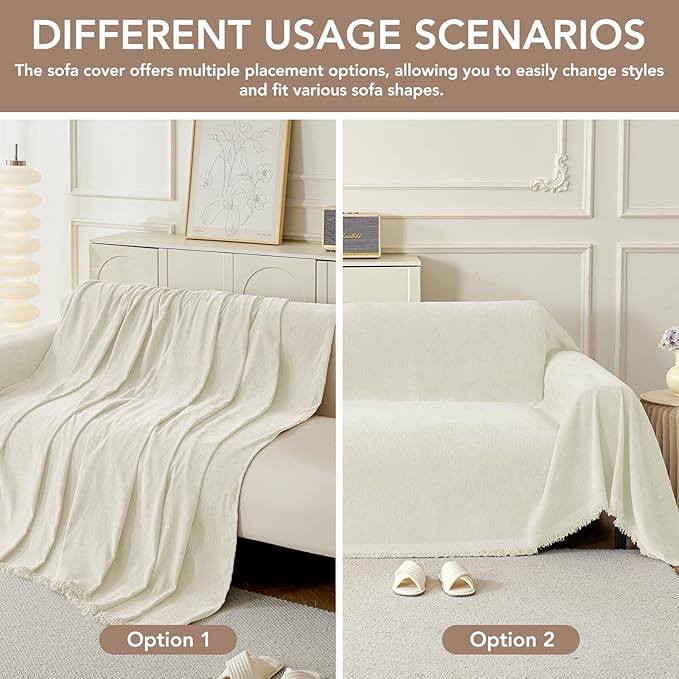 Couch Cover for Dogs, Boho Sofa Covers for 3 Cushion Couch, Chenille Sofa Slipcover for Pets Washable, L-Shape Sectional Couch Cover Soft Throw Blankets with Tassels(91x150,Cream)