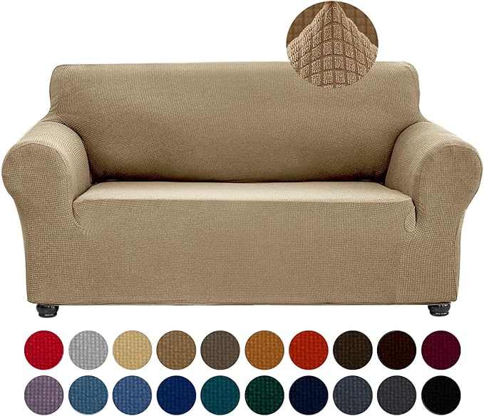 Joccun Stretch Loveseat Couch Cover Slipcover, 1-Piece Sofa Cover for 2 Cushion Couch Spandex Jacquard Washable Furniture Protector Cover for Living Room,Kids,Pets（Loveseat,Tan）