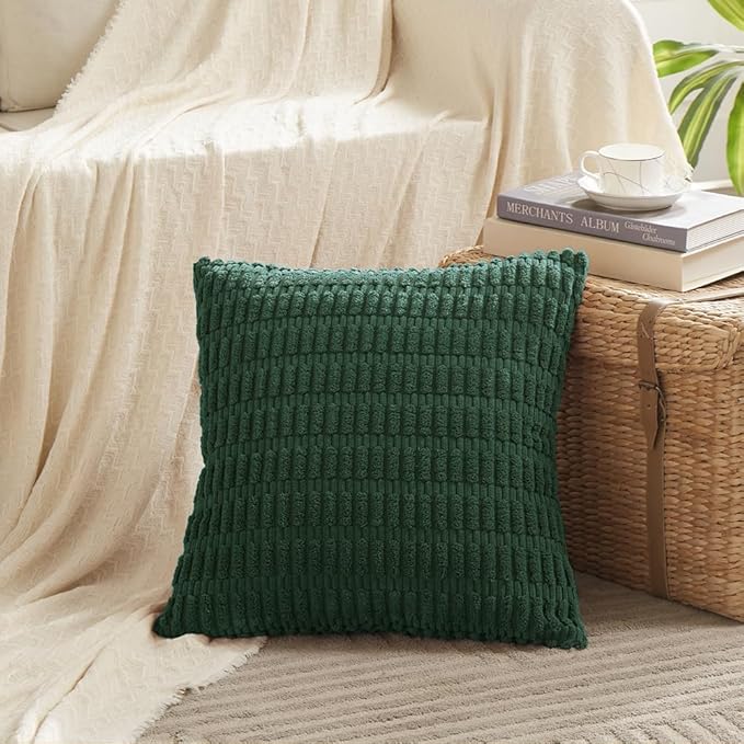 Fancy Homi Set of 4 Dark Green Boho Decorative Throw Pillow Covers 26x26 Inch for Couch Bed Sofa, Aesthetic Modern Bohemian Room Decor, Soft Fuzzy Fluffy Cozy Corduroy Textured Cushion Case 66x66cm