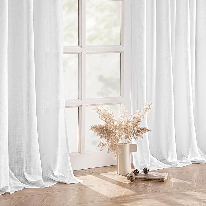 MIULEE White Linen Curtains 92 Inch Long 2 Panels for Bedroom Living Room, Soft Thick Linen Textured Back Tab Window Drapes Semi Sheer Light Filtering Rod Pocket Modern Farmhouse Decor