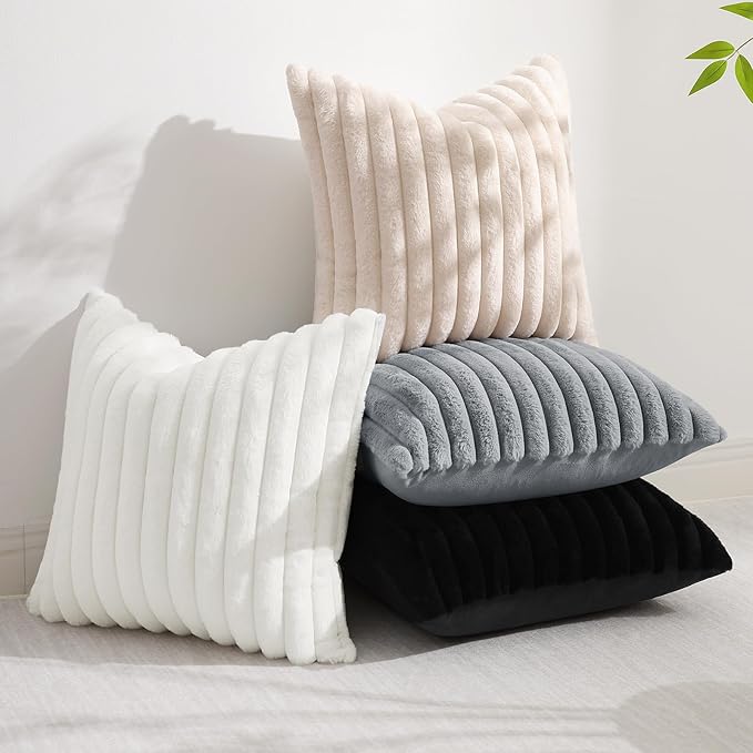decorUhome Summer Cozy Faux Fur Throw Pillow Covers 20x20 Set of 2 Decorative Soft Plush Striped Modern Farmhouse Boho Couch Pillow Cases with Velvet Back for Sofa Bed Living Room, White