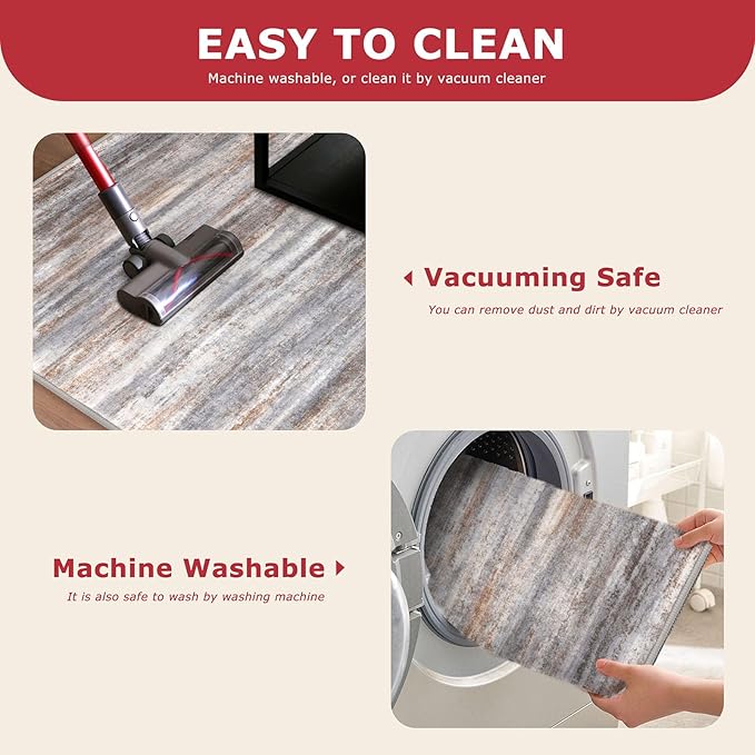 KOZYFLY Modern Abstract Small Area Rugs 2x3, Washable Kitchen Rug Non-Slip Soft Small Bathroom Rug, Grey Brown Striped Entryway Rugs Print Faux Wool Doormat for Bedside Entrance Bedroom Sink