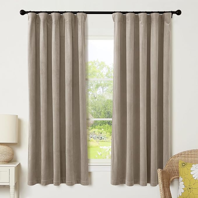 RYB HOME Camel Beige Velvet Curtains 63 inches Length with Hook Tape, Thermal Insulated Privacy Protect Decorative Drapes for Bathroom Window, W 42 x L 63 inches, 2 Panels Set