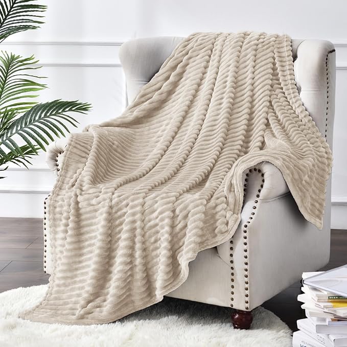 BEDELITE Fleece Blanket King Size – 3D Ribbed Jacquard Soft and Warm Decorative Fuzzy Blankets – Cozy, Fluffy, Plush Lightweight Throw Blankets for Couch, Bed, Sofa(Linen, 108x90 inches)