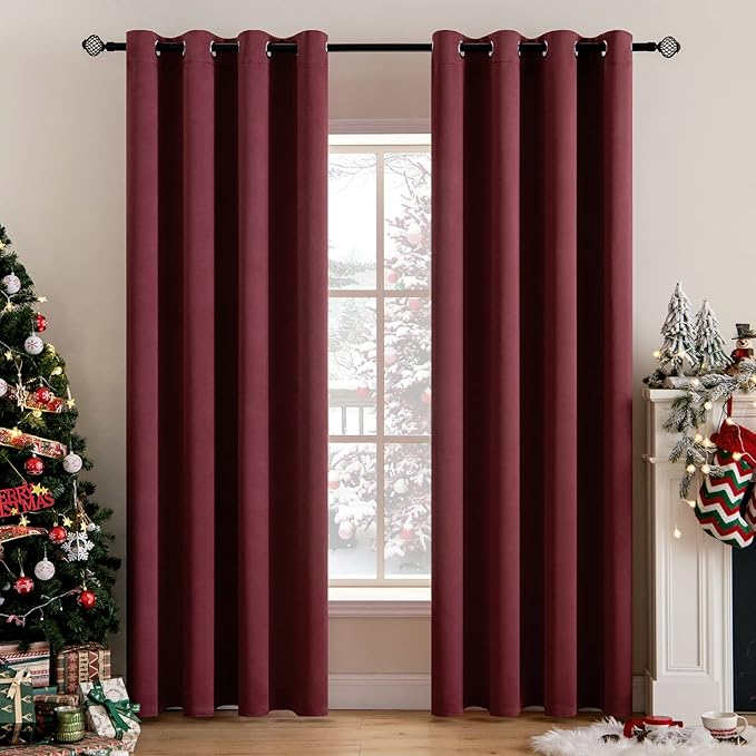 MIULEE Christmas Blackout Curtains for Bedroom Living Room Thermal Insulated Room Darkening Grommet Top Solid Light Blocking Drapery Set of 2 Window Panels 52 x 72 Inches Wine Red