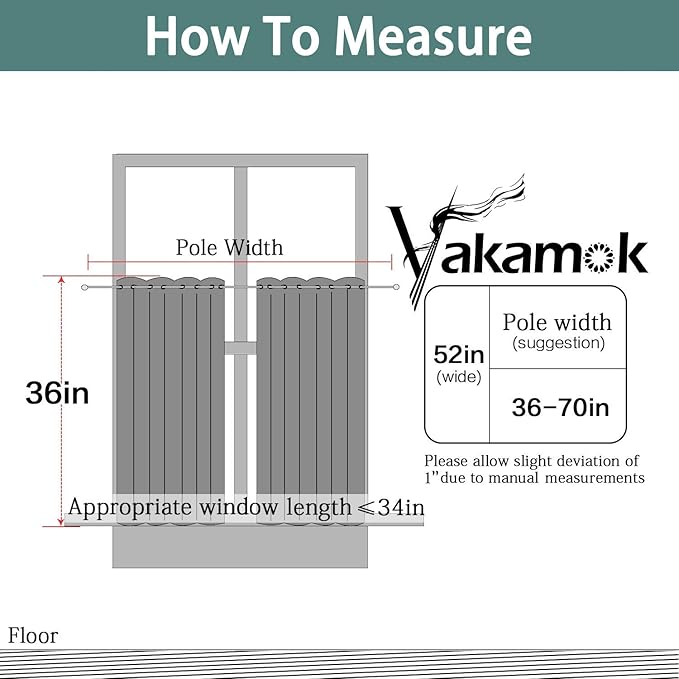 Yakamok 36 Inch Curtains Blackout Window Curtains for Kitchen, Grommet Room Darkening Thermal Insulated Sunlight Block Drapes for Living Room, W 52 x L 36, Grey, 2 Panels