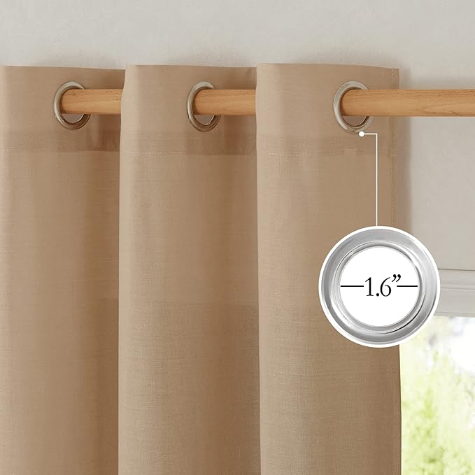 NICETOWN Flax Camel Linen Curtains for Room Divider, Grommet Top Thick Flax Semi Sheer Vertical Drapes Privacy Assured with Light Filtering for Sliding Glass Door, W68 x L96, 2 Pieces