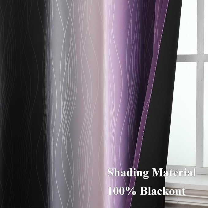 Estelar Textiler Purple and Black Ombre Blackout Curtains 45 Inch Length, Full Room Darkening Gradient Drapes for Kitchen, Thermal Insulated Grommet Curtains for Short Window, 42Wx45L,2 Panels