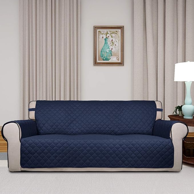 PureFit Reversible Quilted Sofa Cover, Water Resistant Slipcover Furniture Protector, Washable Couch Cover with Non Slip and Elastic Straps for Kids, Pets (Oversized Sofa, Navy/Ivory)