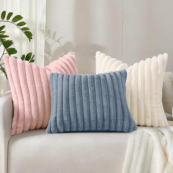 decorUhome Summer Cozy Faux Fur Throw Pillow Covers 22x22 Set of 2 Decorative Plush Striped Modern Farmhouse Boho Couch Euro Sham Pillow Cases with Velvet Back for Sofa Bed Living Room, Cream White